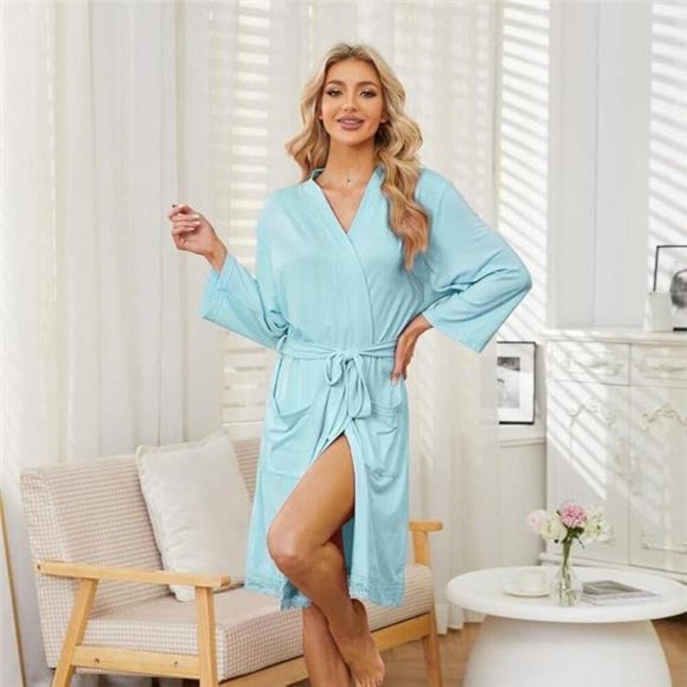 Short Robes for Womens Lightweight, Soft Womens Robe Spa Ladies Bathrobe/BLUE - Picture 4 of 6